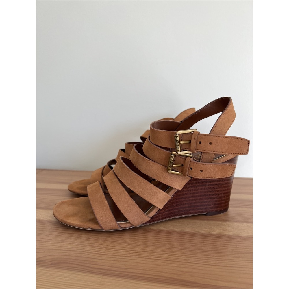 Lauren Ralph Lauren Women's Brown Leather Wedge Strappy Sandal Size 9 Classic